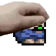 a pixel art of a hand holding a blue item with a green light on it .
