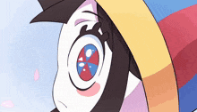 a close up of a cartoon character 's eye with a red and blue circle in the middle
