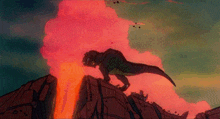 a cartoon of a dinosaur standing on a rock with lava coming out of it 's mouth