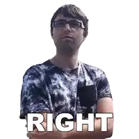 a man wearing glasses and a tie dye shirt has the word right on his chest