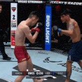 two men are boxing in a cage with a bud light sign behind them