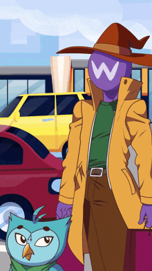 a cartoon character with a w on his head stands next to a blue owl