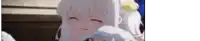 a close up of a girl with white hair and a yellow flower in her hair is smiling .