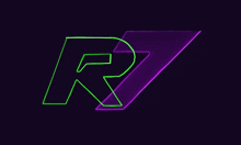 the letter r is glowing in green and purple against a dark background .