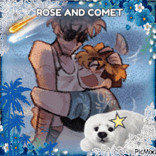 a picture of a man holding a child with the words " rose and comet " above them