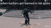 a netflix ad shows a man jumping on a pile of papers