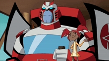 a cartoon of a girl standing next to a robot that has the letter v on it