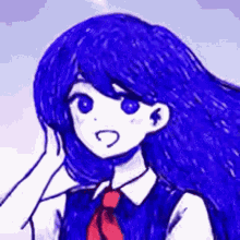 a girl with blue hair and a red tie is holding her hand to her head .