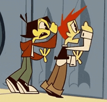 two cartoon characters are standing next to each other in front of a locker .