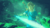 a video game character is holding a sword in a dark forest