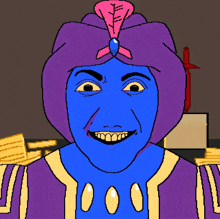 a pixel art drawing of a genie with a purple turban