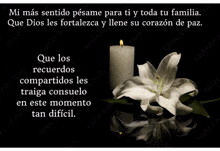 a candle and a flower are on a black background with a message in spanish