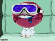 a cartoon character wearing goggles is sitting on a couch ..
