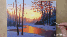 a painting of a sunset in the woods is made by animatica