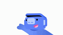 a blue cartoon character is holding a marshmallow stick