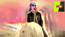 a man is riding a white horse with a purple mask on his face