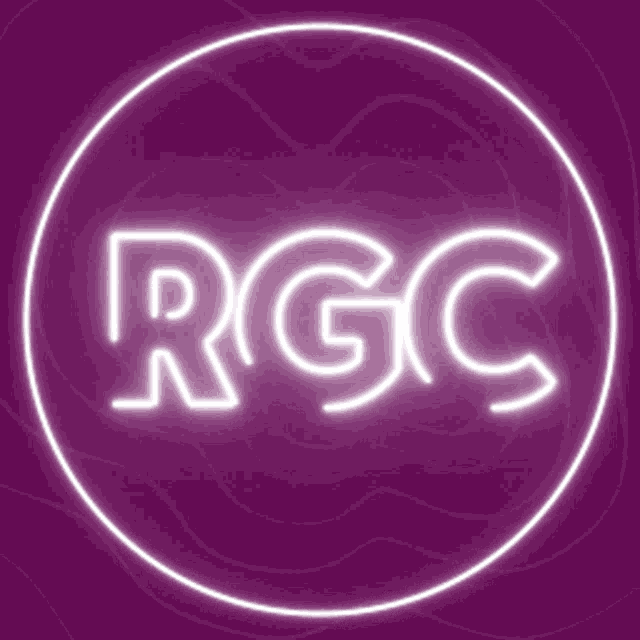 a neon sign that says rgc in a circle on a purple background