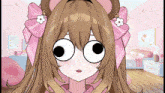 a close up of a girl with big eyes and a pink bow in her hair