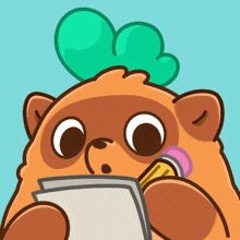 a cartoon drawing of a bear holding a piece of paper and a pencil in its mouth