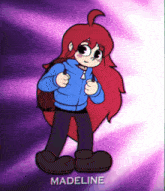 a cartoon drawing of a girl with red hair and the name madeline