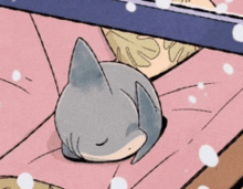 a cartoon drawing of a cat sleeping on a pink blanket