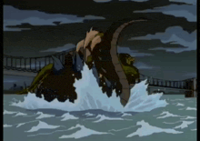 a cartoon drawing of a monster swimming in the water
