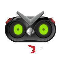 a cartoon owl with green eyes and a red r on the bottom of it