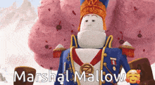 a marshmallow soldier is standing in front of cotton candy