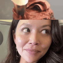 a close up of a woman 's face and a close up of a cake