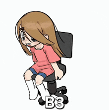a cartoon girl is sitting on a chair with her legs crossed .