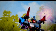a cartoon drawing of a robot holding a gun and a sword