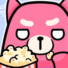 a pink teddy bear is eating popcorn from a striped container