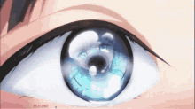 a close up of a person 's eye with blue eyes