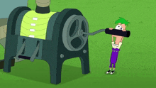 a cartoon character with green hair is holding a black pipe