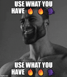 a man with a beard is smiling and says " use what you have use what you have "