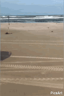 a red atv is driving on a sandy beach .