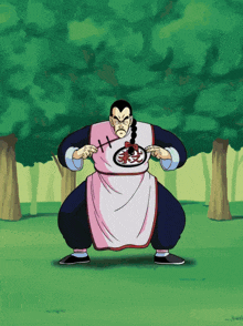 a cartoon of a man in a pink apron and black pants