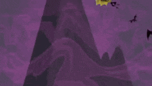 a close up of a cartoon character 's face with a purple background and a yellow mouth .