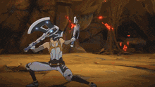 a cartoon character is holding a sword and axe in his hands