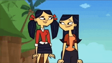 two cartoon girls are sitting next to each other on a hill .