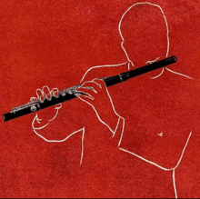 a drawing of a man playing a flute with a red background