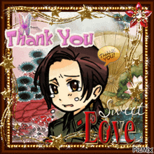 a picture of a girl with a speech bubble that says thank you and sweet love