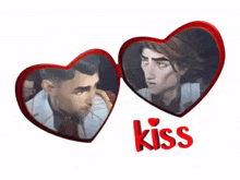 two hearts with a picture of two men in them and the word kiss on the bottom .