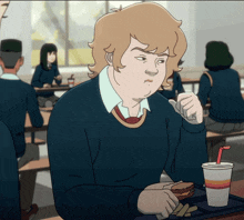 a cartoon of a boy sitting at a table eating a hamburger and french fries
