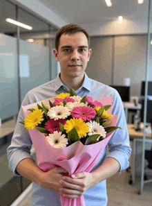 a man holding a bouquet of flowers in his hands