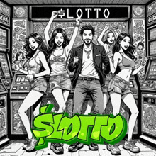a group of people standing in front of a slot machine with the word lotto written above them