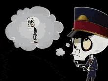 a cartoon skeleton is wearing a hat and smoking a cigarette while thinking about a man .