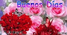 a bunch of red roses with the words buenos dias written above them