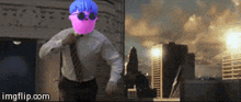 a man in a suit and tie is running with a pink mask on his face ..