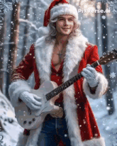 a man dressed as santa claus is playing a guitar